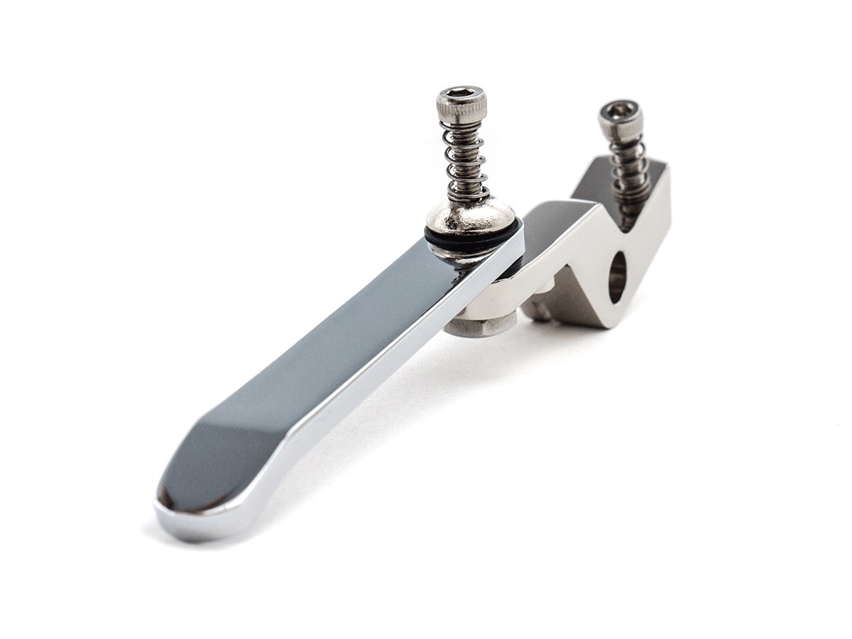 Metal lever with two spring-loaded screws on a white background.