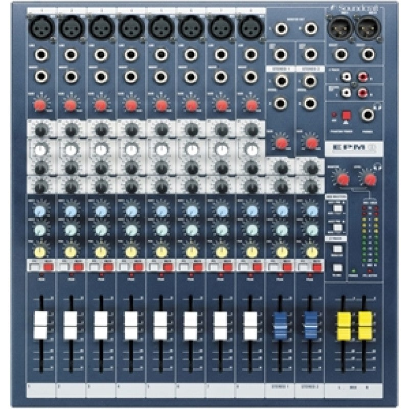 Top view of an 8-channel audio mixer with XLR, 1/4 inch, and RCA connectors and various control knobs and faders.