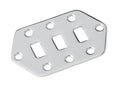 Silver metal control plate with three rectangular switch cutouts and seven screw holes.