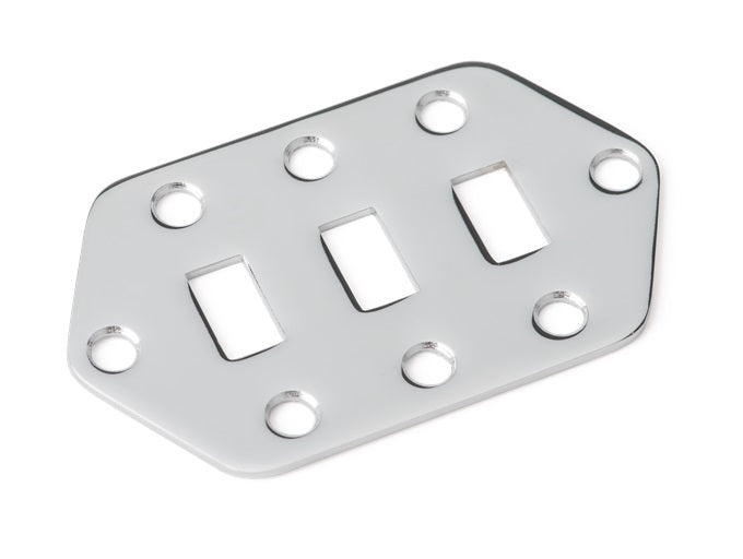 Silver metal control plate with three rectangular switch cutouts and seven screw holes.