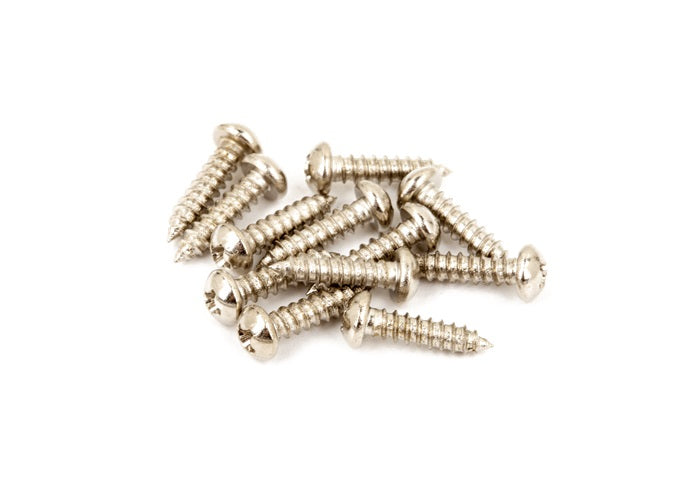 A group of twelve silver-colored metal screws with round heads on a white background.