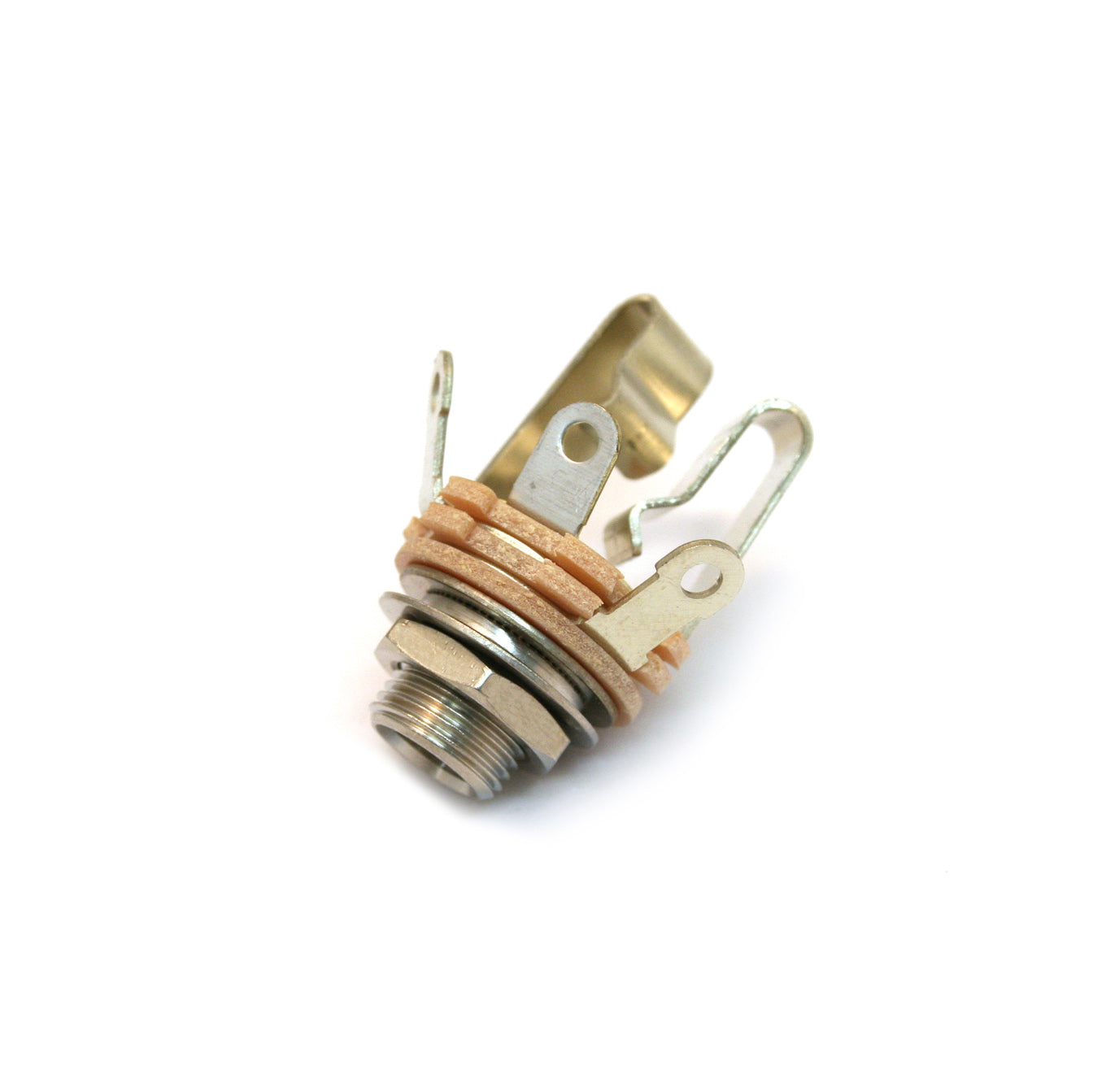 Close-up of a quarter inch panel mount jack with three metal solder tabs and fiber washers.