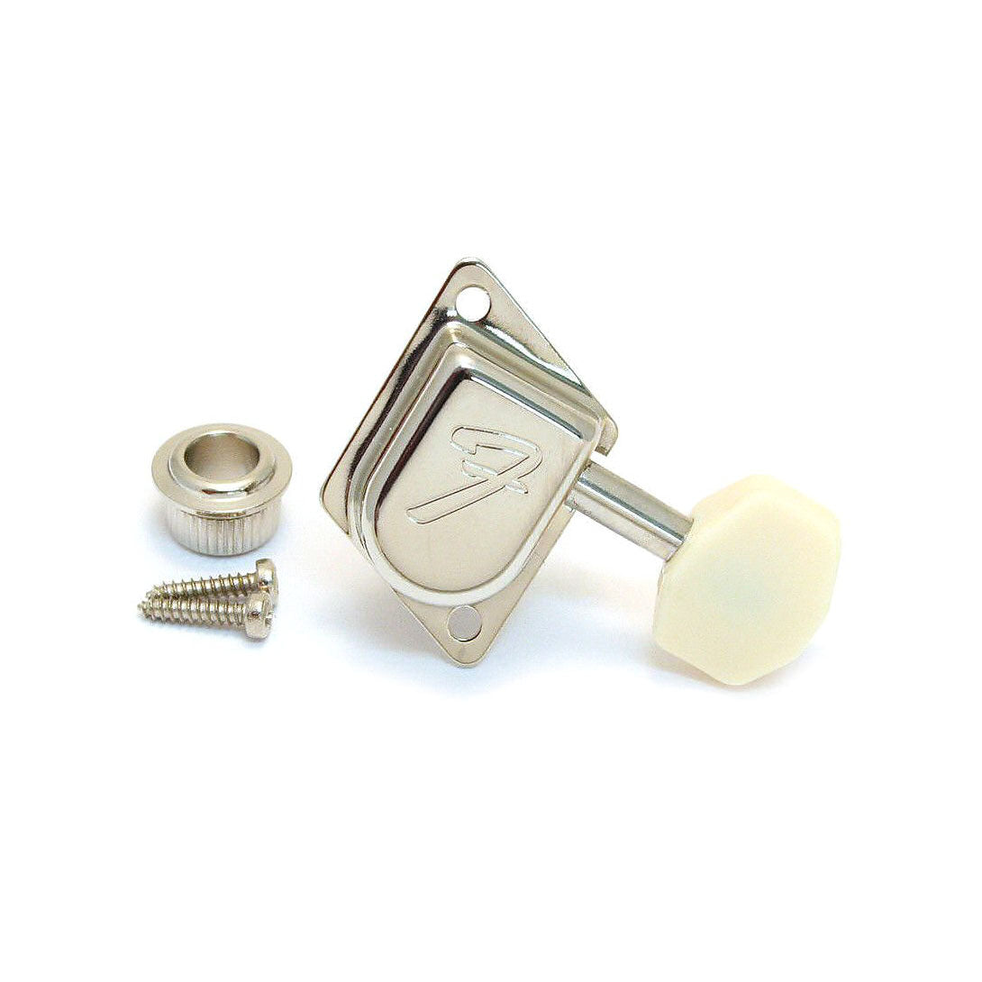 Single nickel-colored guitar tuning machine head with beige plastic button, mounting bushing, and two screws on a white background.