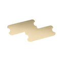 Flat, gold-colored metal shield plate with rounded ends and notches on the sides.