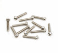 Twelve silver metal screws with rounded heads and cross slots arranged on a white background.