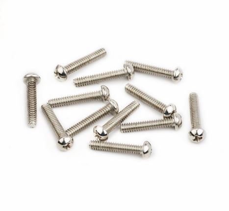 Twelve silver metal screws with rounded heads and cross slots arranged on a white background.