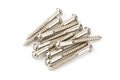 A pile of shiny silver metal mounting screws with Phillips heads on a white background.