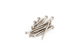 A pile of twelve silver metal screws displayed on a white background.