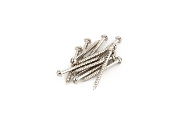 A pile of twelve silver metal screws displayed on a white background.