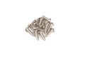 A pile of twelve silver-colored metal screws with slotted heads on a white background.