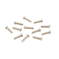 Twelve silver-colored metal screws with rounded heads on a white background.
