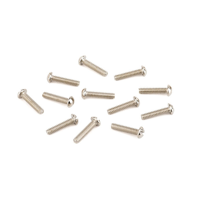 Twelve silver-colored metal screws with rounded heads on a white background.