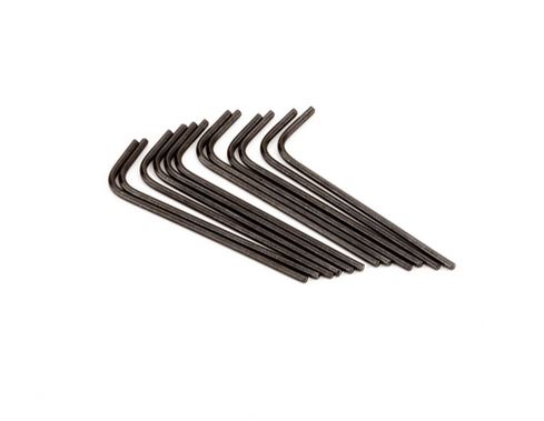 A set of black L-shaped hex keys arranged in a fan shape on a white background.