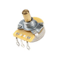 Single rotary potentiometer control with three solder lugs and a metal shaft on a white background.