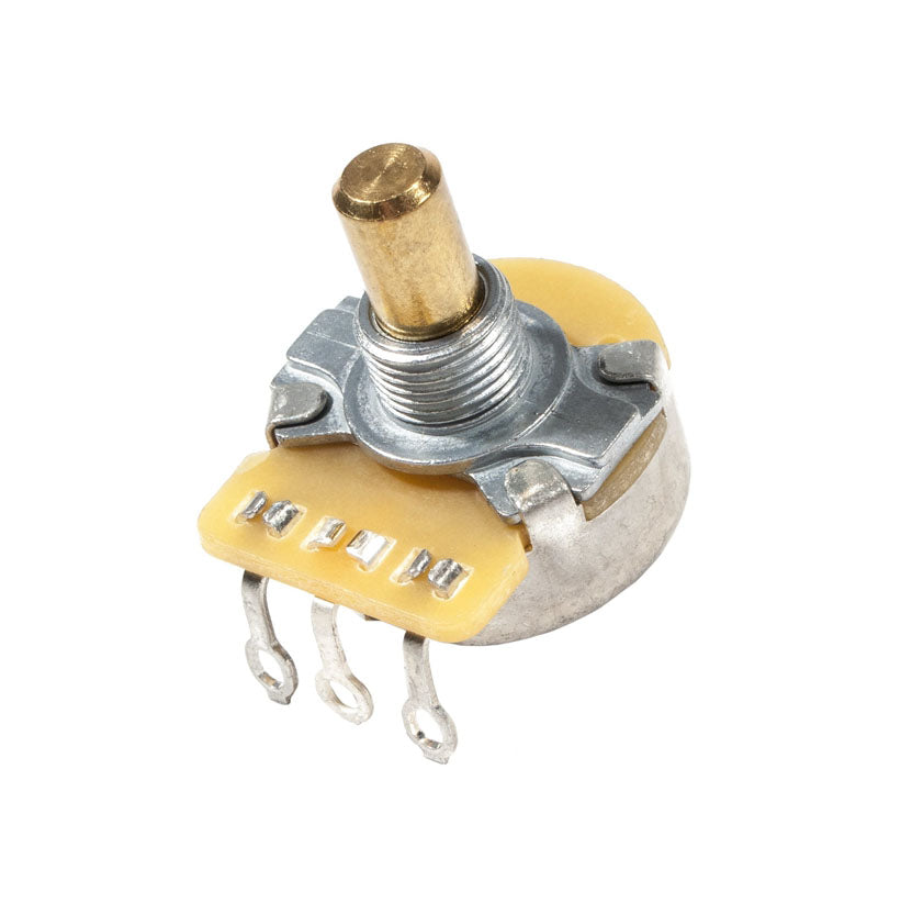 Single rotary potentiometer control with three solder lugs and a metal shaft on a white background.