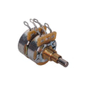 Close-up image of a dual rotary potentiometer with solder terminals and a solid metal shaft.