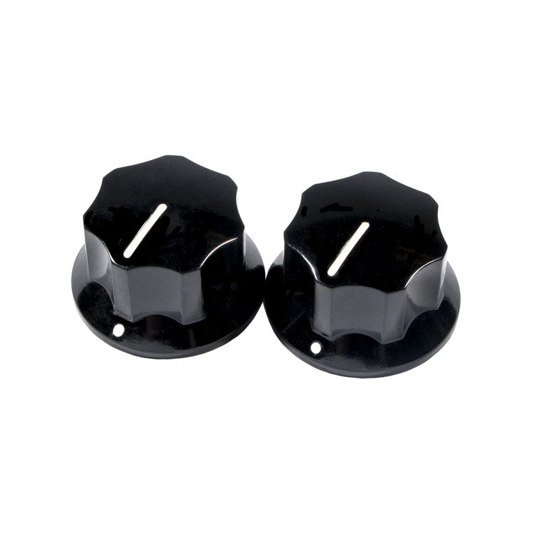 Two black plastic skirted rotary knobs with white indicator lines on a white background.