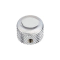 Chrome metal rotary knob with textured grip and threaded hole.