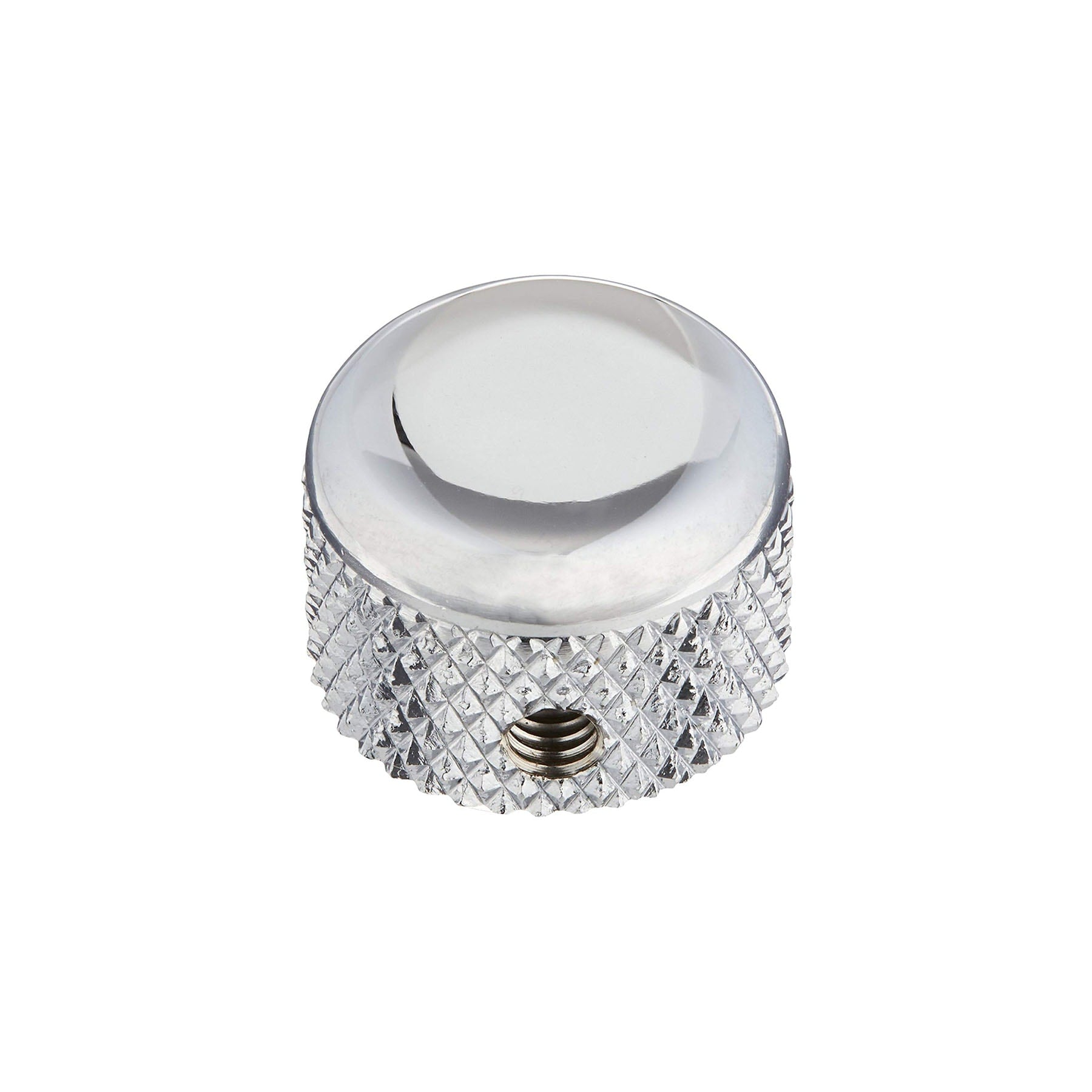 Chrome metal rotary knob with textured grip and threaded hole.