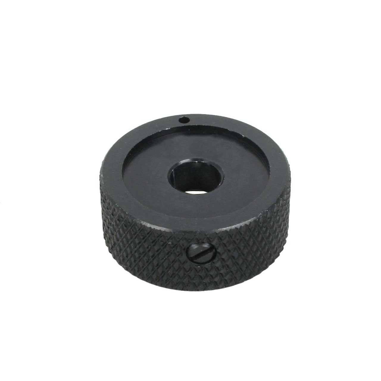 Black knurled round control knob with a central hole and a set screw on the side.