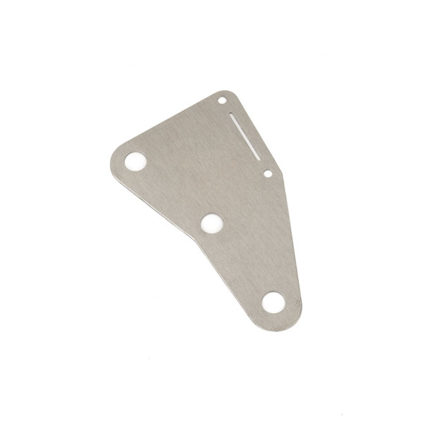 Triangular metallic plate with multiple holes and a slot, likely a shielding plate for an electronic part.