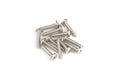 Twelve silver metal Phillips-head screws arranged on a white background.