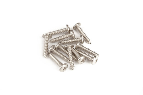 Twelve silver metal Phillips-head screws arranged on a white background.