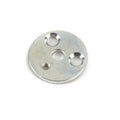 Round silver metal disc with three countersunk holes on a white background.