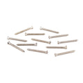 Twelve metal screws with a flat head and Phillips drive arranged on a white background.