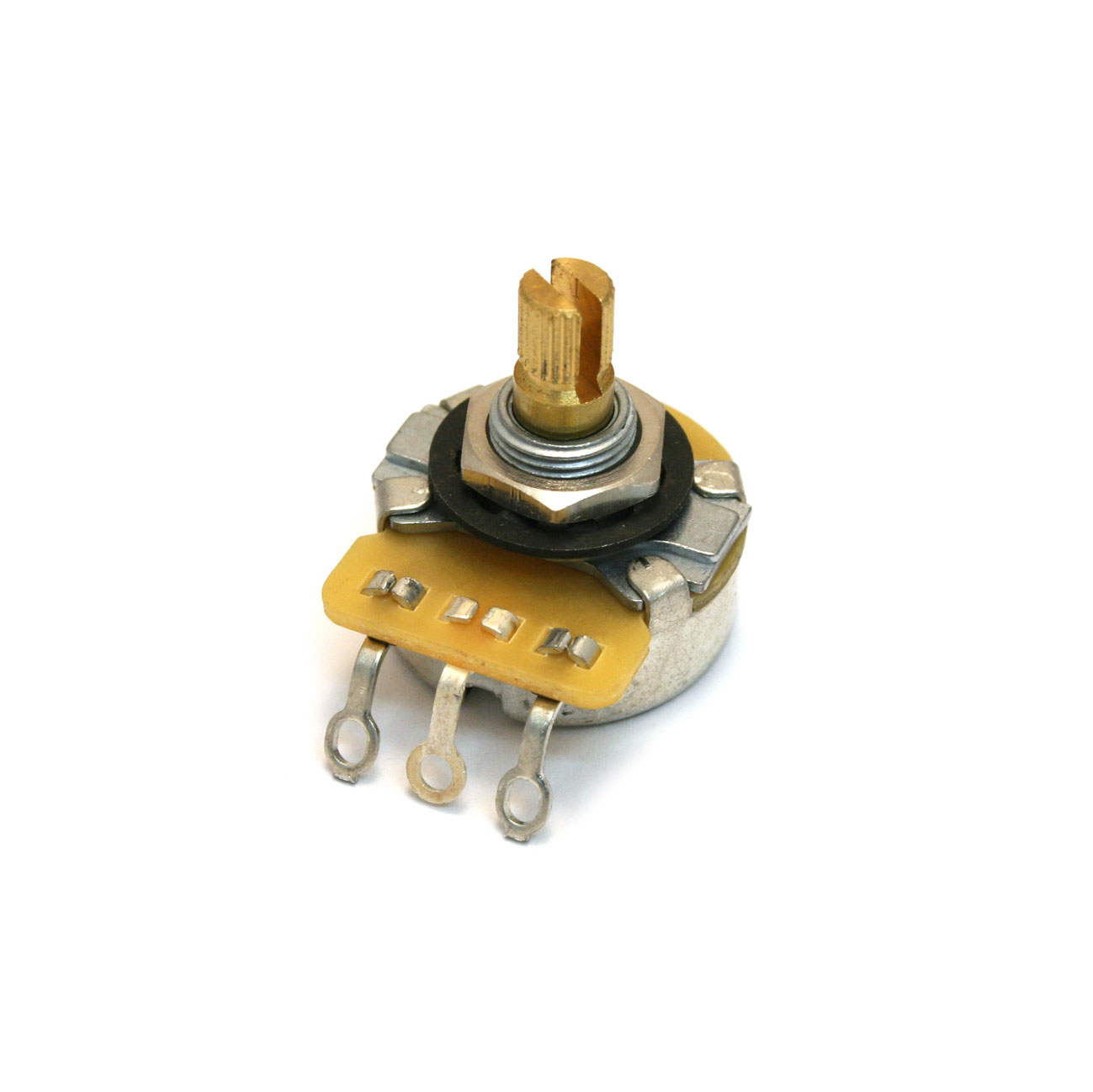 Close-up image of a small rotary potentiometer with a split shaft and three solder lugs.