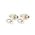 Two 1/4 inch output jack sockets with accompanying washers and hex nuts on a white background.