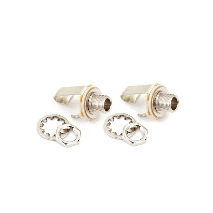 Two 1/4 inch output jack sockets with accompanying washers and hex nuts on a white background.