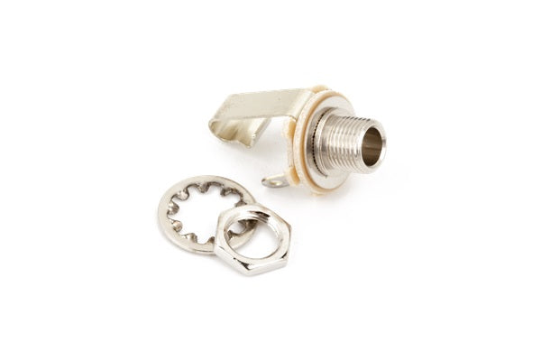Metal 1/4 inch output jack with lock washer and hex nut on a white background.