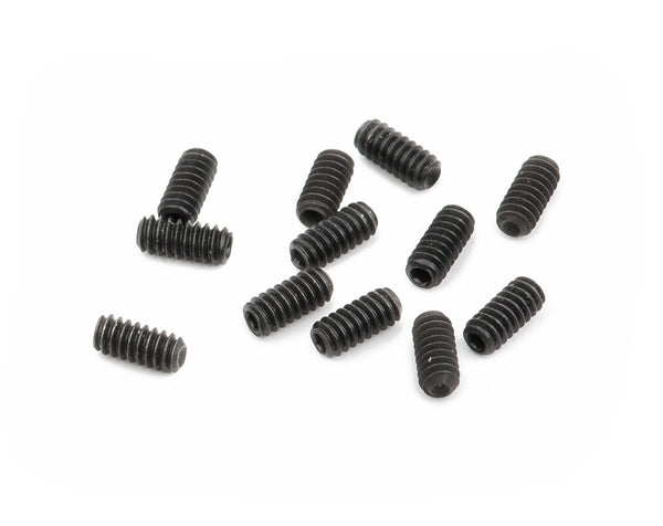 Twelve black threaded set screws arranged on a white background.