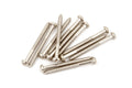 Twelve silver metal screws arranged on a white background.