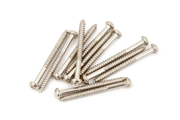 Twelve silver metal screws arranged on a white background.
