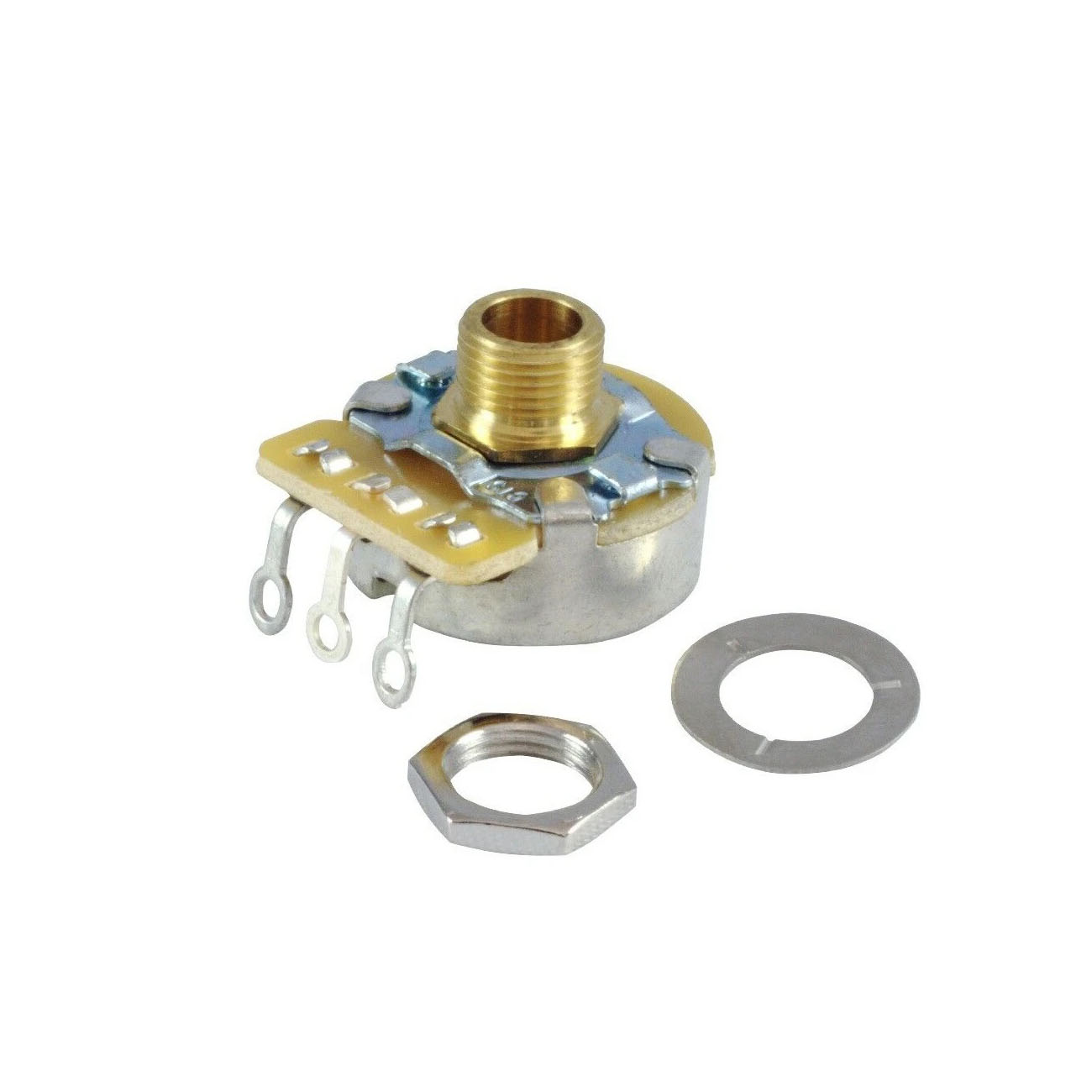 Small rotary potentiometer control with solder lugs, a gold threaded shaft, and included washer and locking nut.