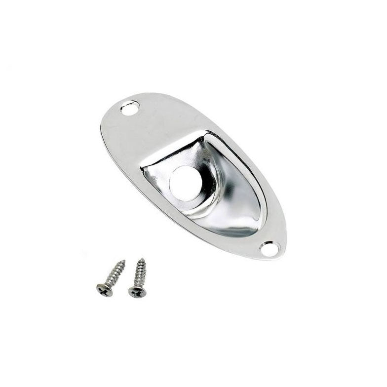 Chrome metal jack ferrule plate with two screws displayed on white background.