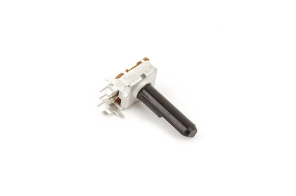 Black rotary potentiometer with multiple solder lugs and a white metal base.