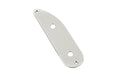 Shiny metal control plate with two screw holes and two larger circular holes on a white background.