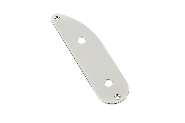 Shiny metal control plate with two screw holes and two larger circular holes on a white background.