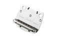 Chrome-plated metal tremolo bridge plate with string saddles and engraved text.