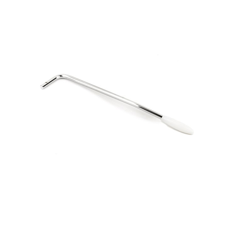 A single chrome metal tremolo arm with a white plastic tip on a white background.