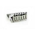 Chrome metal guitar bridge with six adjustable string saddles and screws.