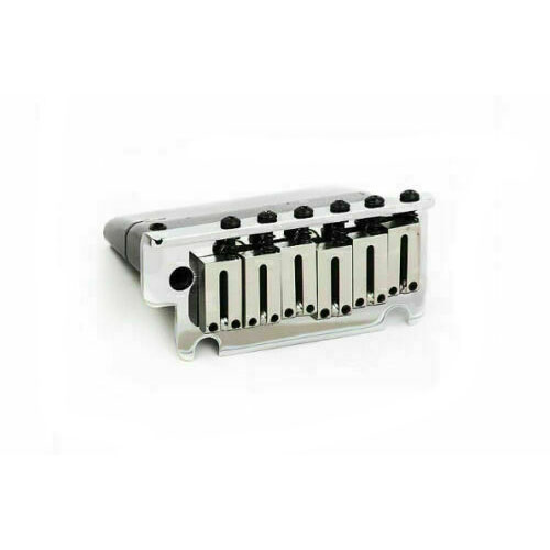 Chrome metal guitar bridge with six adjustable string saddles and screws.