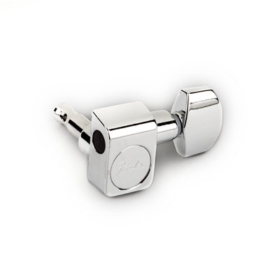 Chrome metal guitar tuning machine head with Fender logo on housing.