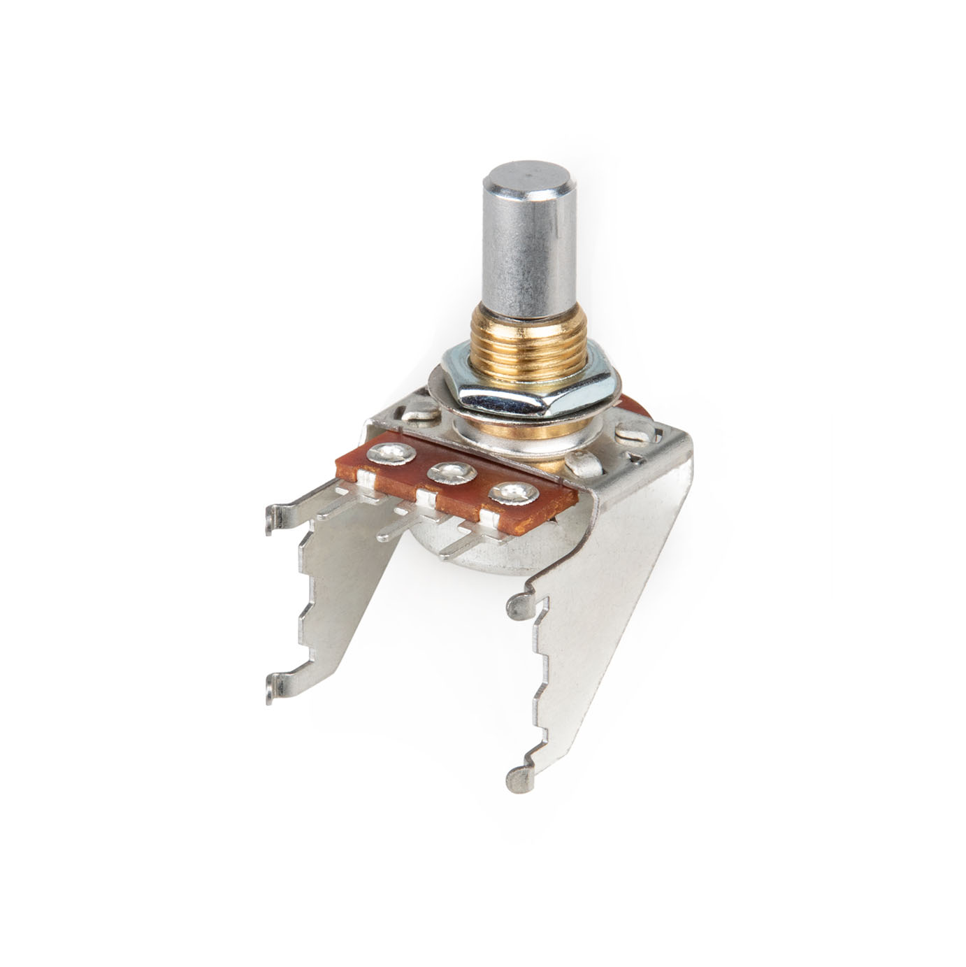 Metal potentiometer with solder tabs and mounting bracket on a white background.