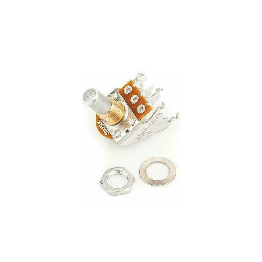 Solid shaft rotary potentiometer with three solder lugs, hex nut, and washer on white background.