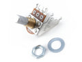 Silver rotary potentiometer with three solder lugs and included nut and washer on a white background.