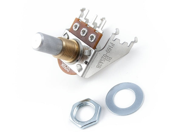 Silver rotary potentiometer with three solder lugs and included nut and washer on a white background.